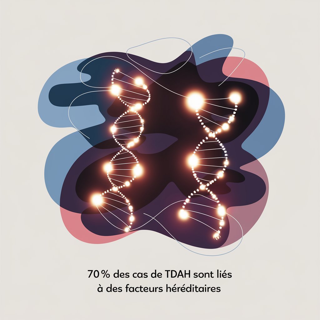 Illustration minimaliste de brins d’ADN entrelacés avec des nœuds lumineux, représentant l’héritage génétique du TDAH. Texte en français : '70 % des cas de TDAH sont liés à des facteurs héréditaires'.

