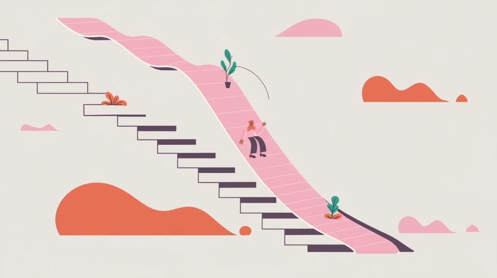 Illustration d’escaliers se transformant en toboggans, symbolisant les cycles de frustration et de résilience propres aux TDAH