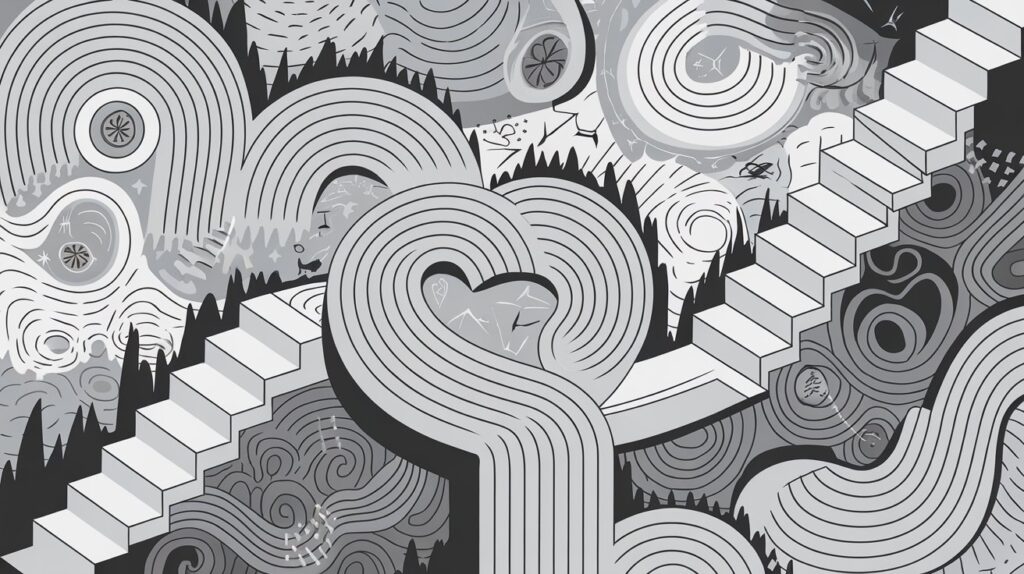 Illustration abstraite représentant un labyrinthe mouvant, symbole de la surcharge cognitive et de la pensée non linéaire des TDAH.