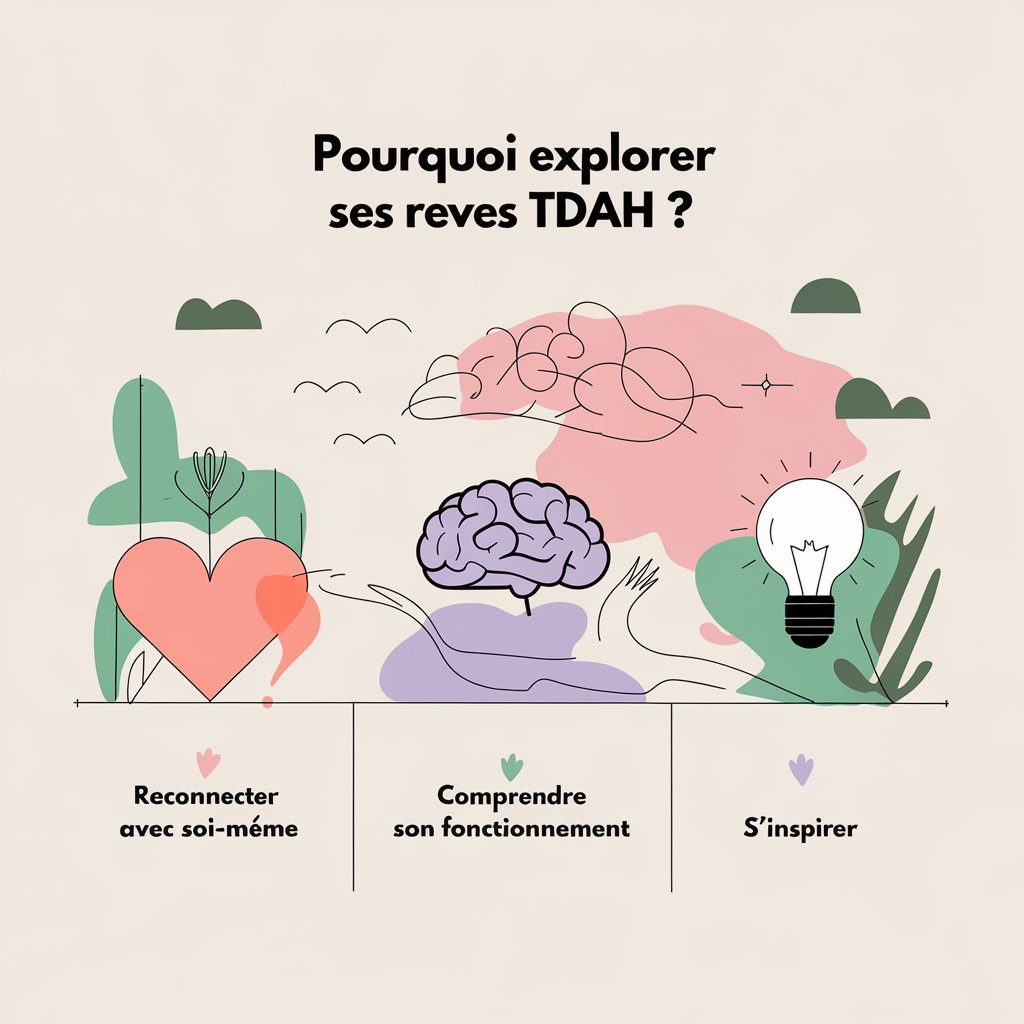 Infographie sur les raisons d’explorer les rêves TDAH : se reconnecter à soi-même, comprendre ses mécanismes et puiser dans sa créativité.