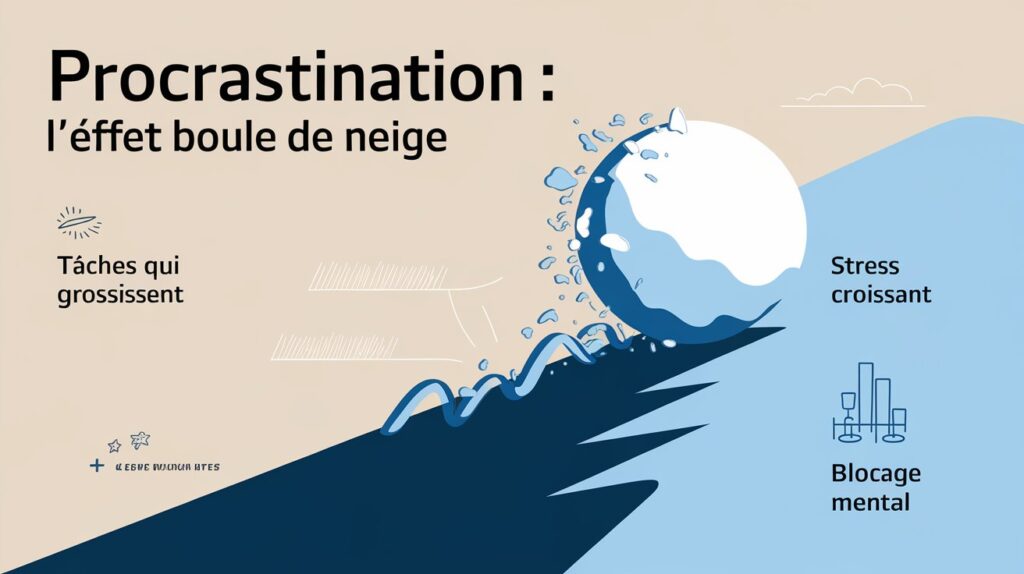 "Infographie montrant une boule de neige grossissant en dévalant une colline, avec les textes 'Tâches qui grossissent', 'Stress croissant' et 'Blocage mental'."

