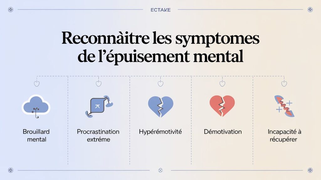 "Infographie avec des icônes représentant des symptômes comme 'Brouillard mental', 'Procrastination extrême', 'Hyperémotivité', 'Démotivation' et 'Incapacité à récupérer'."

